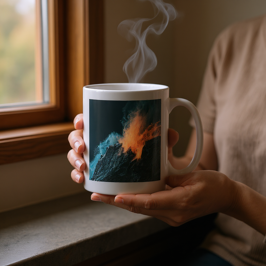 Ceramic mug lifestyle scene — held at sunlit window with steam
