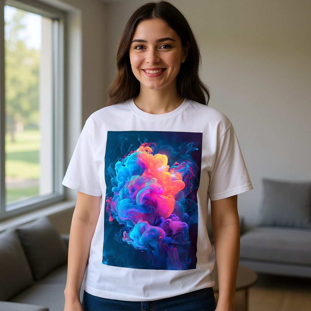 T-shirt lifestyle scene — model in sunlit modern living room