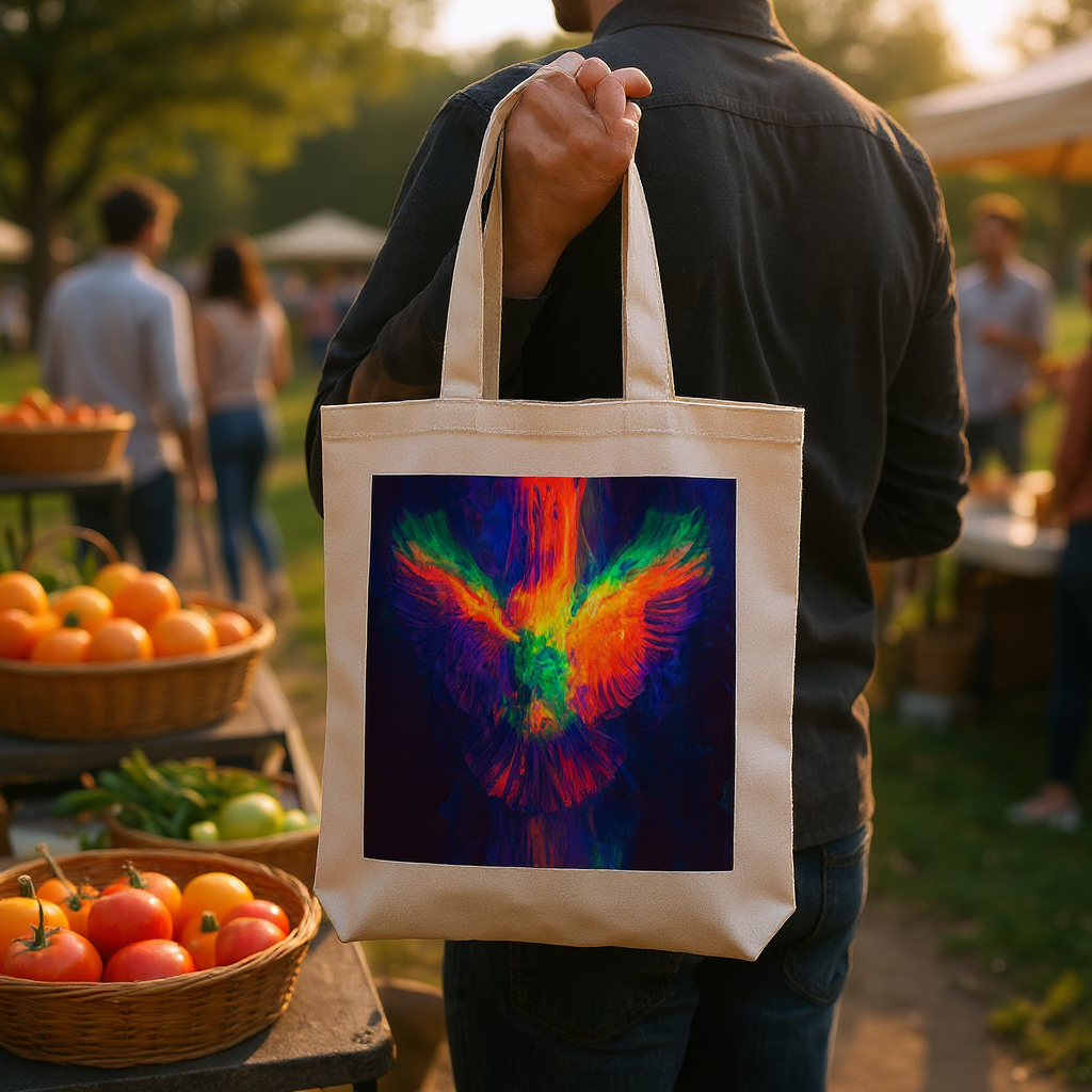 Tote bag lifestyle scene — at outdoor farmers market with produce