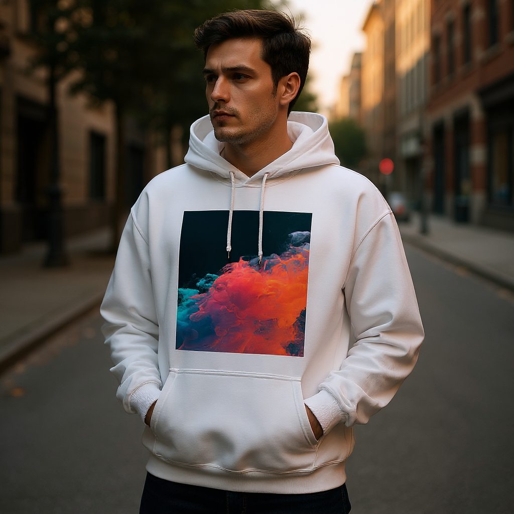 Hoodie lifestyle scene — model on urban street at golden hour