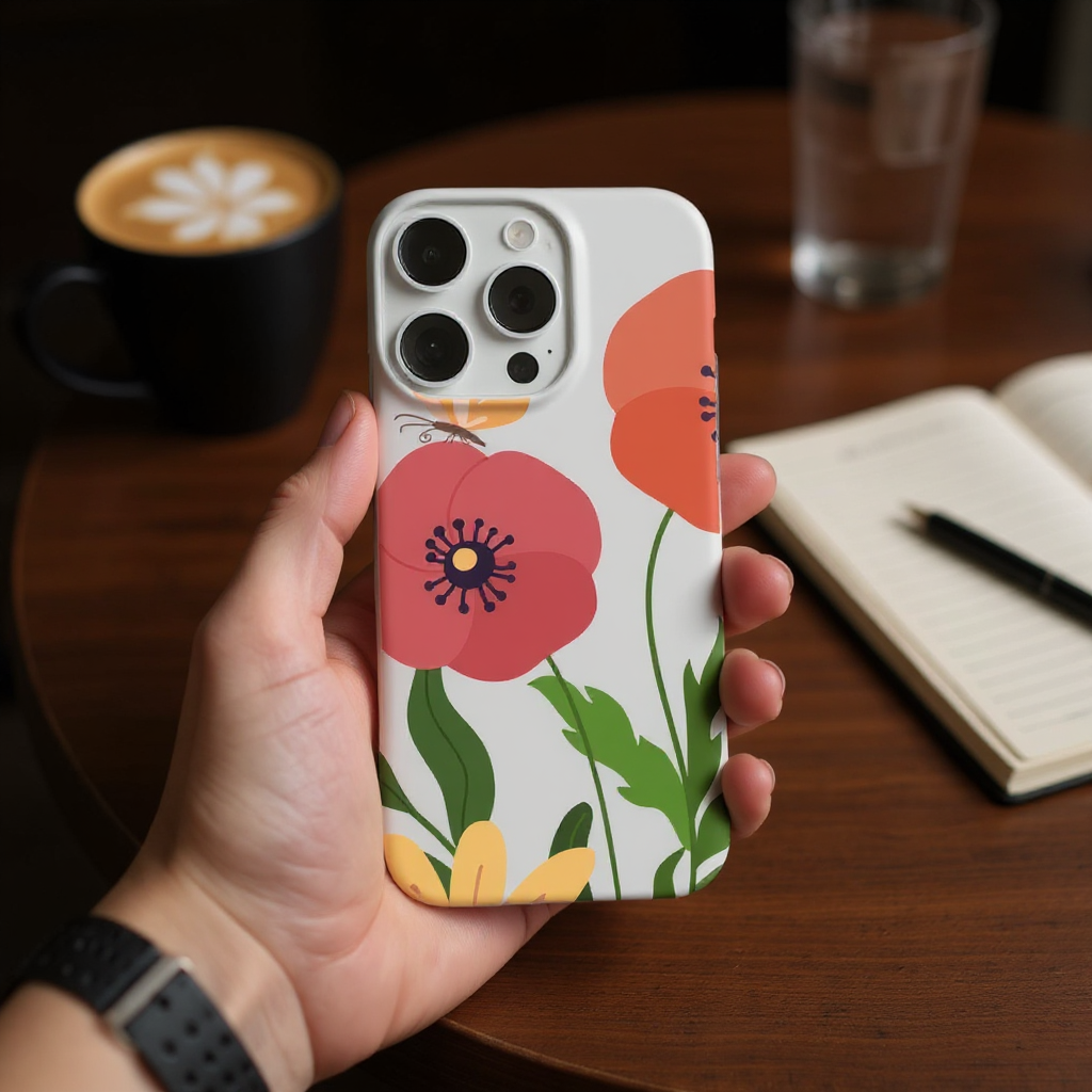 iPhone case lifestyle — held at a coffee shop table with latte and notebook