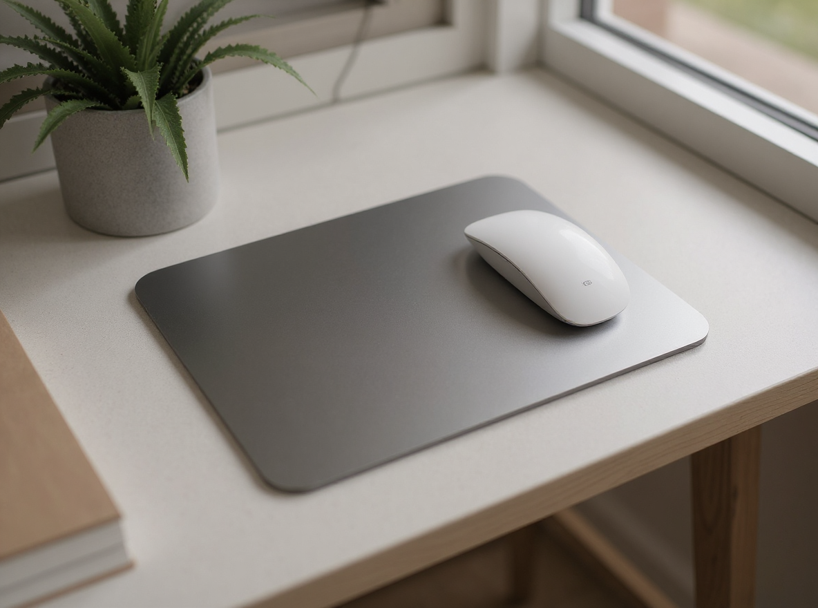 Mouse pad lifestyle — minimalist desk with wireless mouse and plant