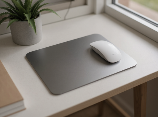 Mouse pad lifestyle — minimalist desk with wireless mouse and plant