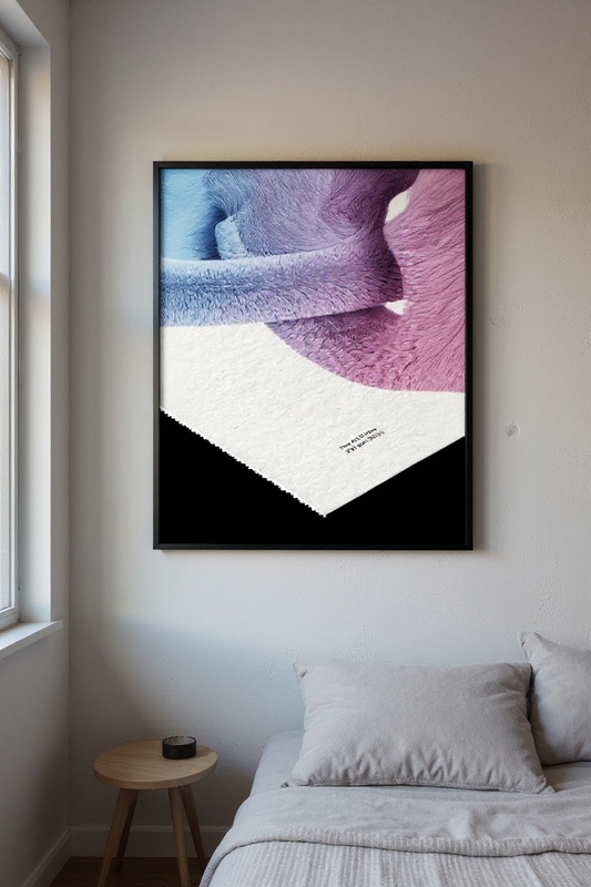 Portrait art poster lifestyle — framed in a contemporary bedroom with natural light